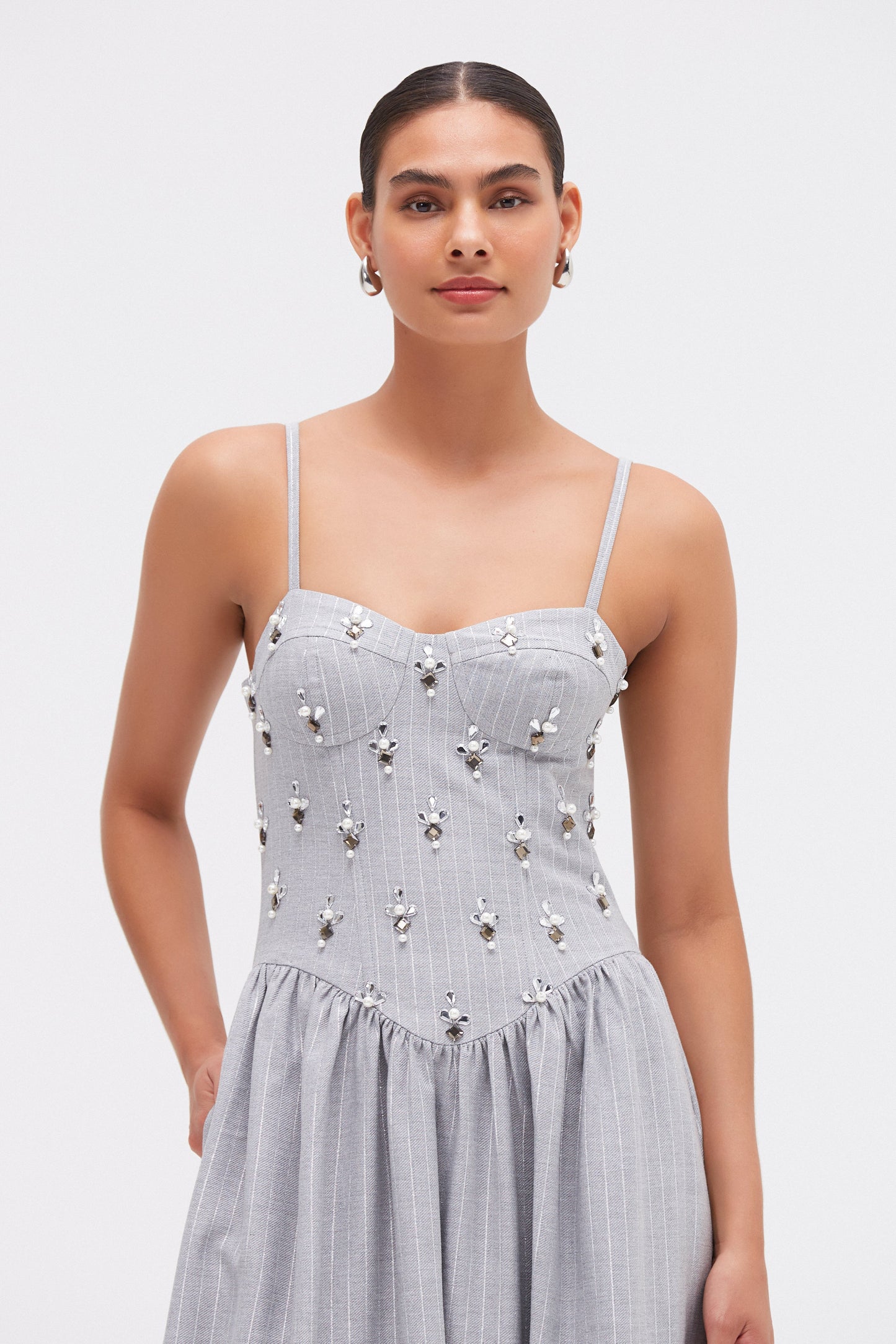 METALLIC PINSTRIPE MIDI DRESS
