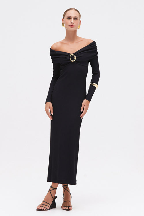 GRACE KNIT DRAPED MIDI DRESS - M / Black GRACE KNIT DRAPED MIDI DRESS - M / Black