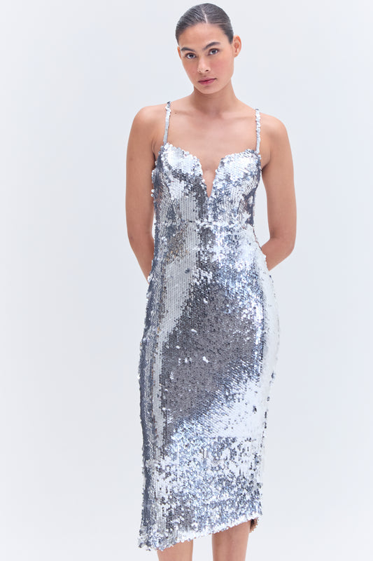 SILVER SEQUIN MIDI DRESS