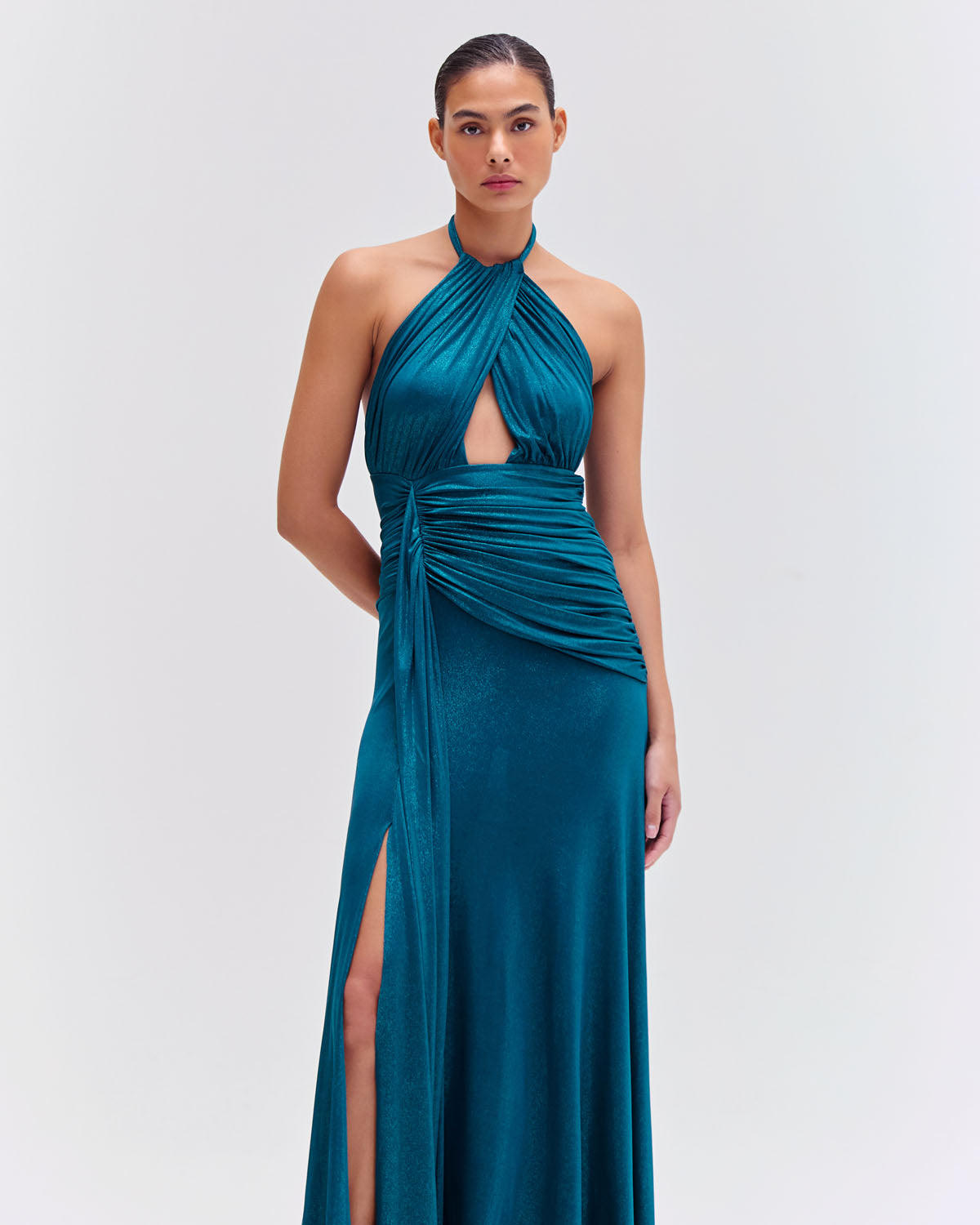 Metallic Jersey Halterneck Maxi Dress PatBO Metallic Jersey Halterneck Maxi Dress PatBO