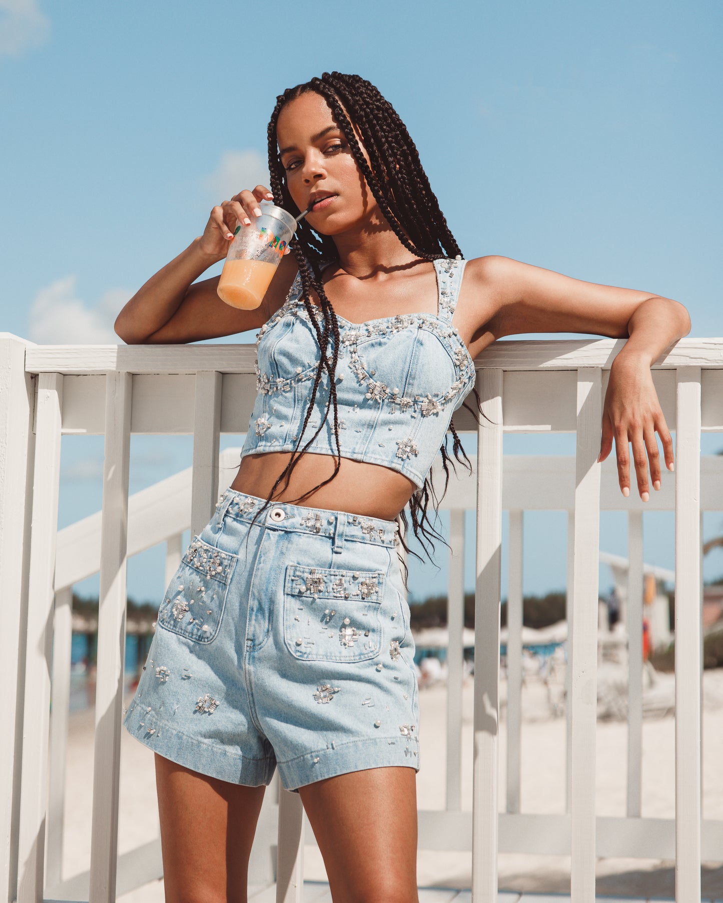 Hand-Beaded Denim Shorts