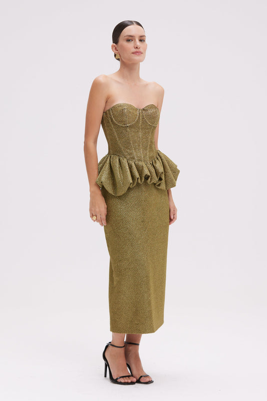 GOLDEN WEAVE MIDI SKIRT