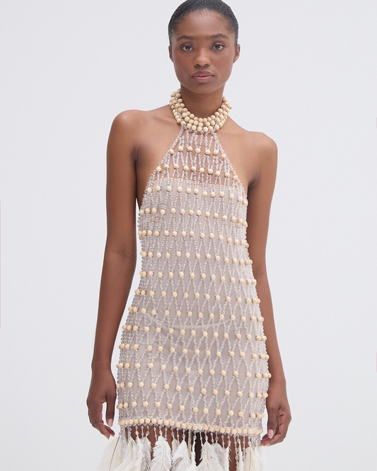 Wood and Crystal Beaded High Neck Mini Dress (RUNWAY)