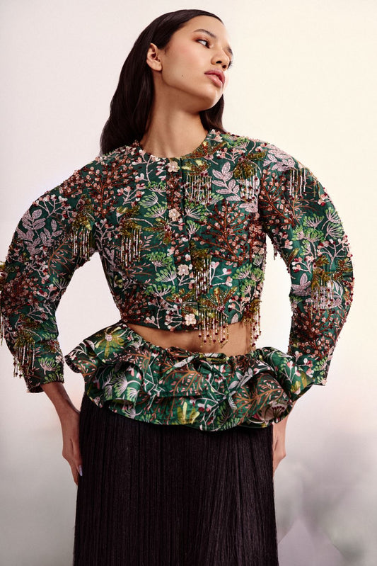 ROSALIE JACQUARD FLORAL EMBROIDERED CROPPED JACKET (RUNWAY)
