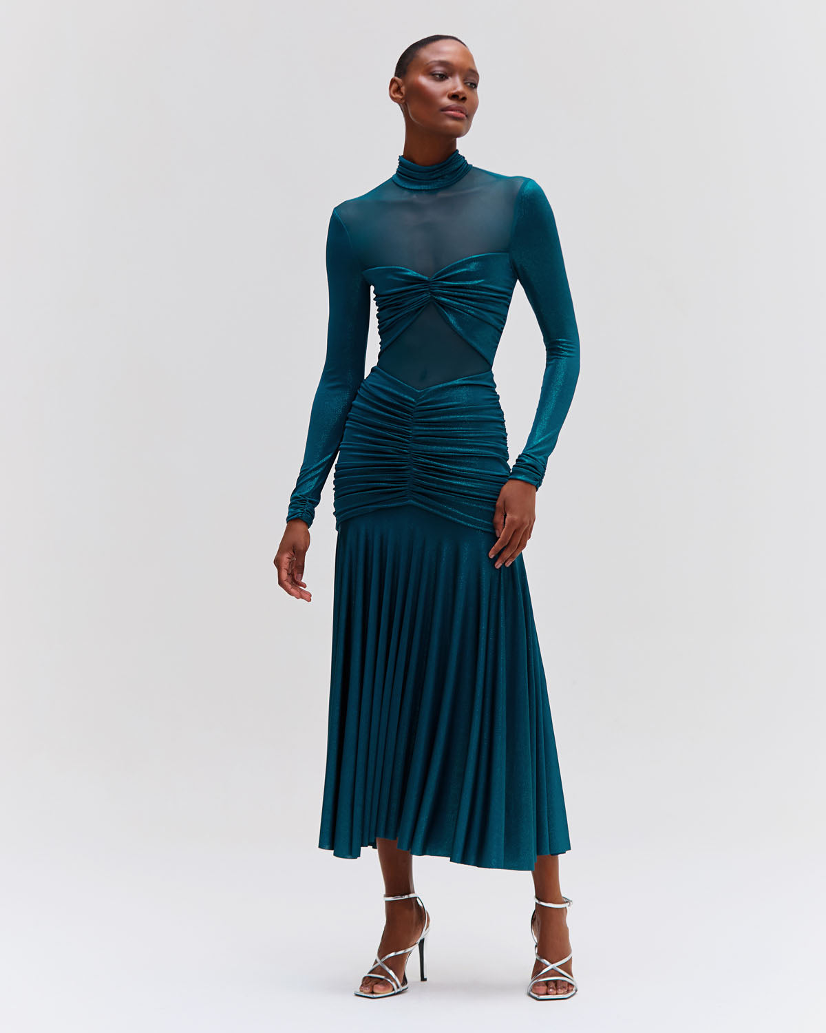 Metallic Jersey and Tulle Midi Dress