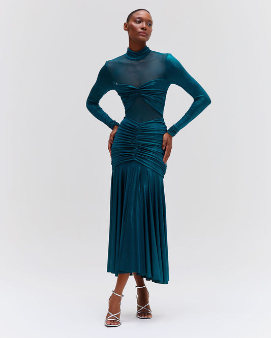 Metallic Jersey and Tulle Midi Dress