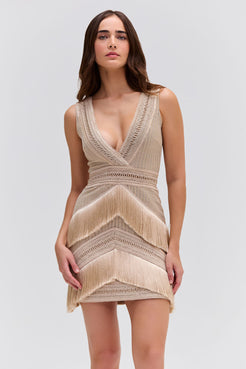 Deep V-Neck Fringe Mini Dress