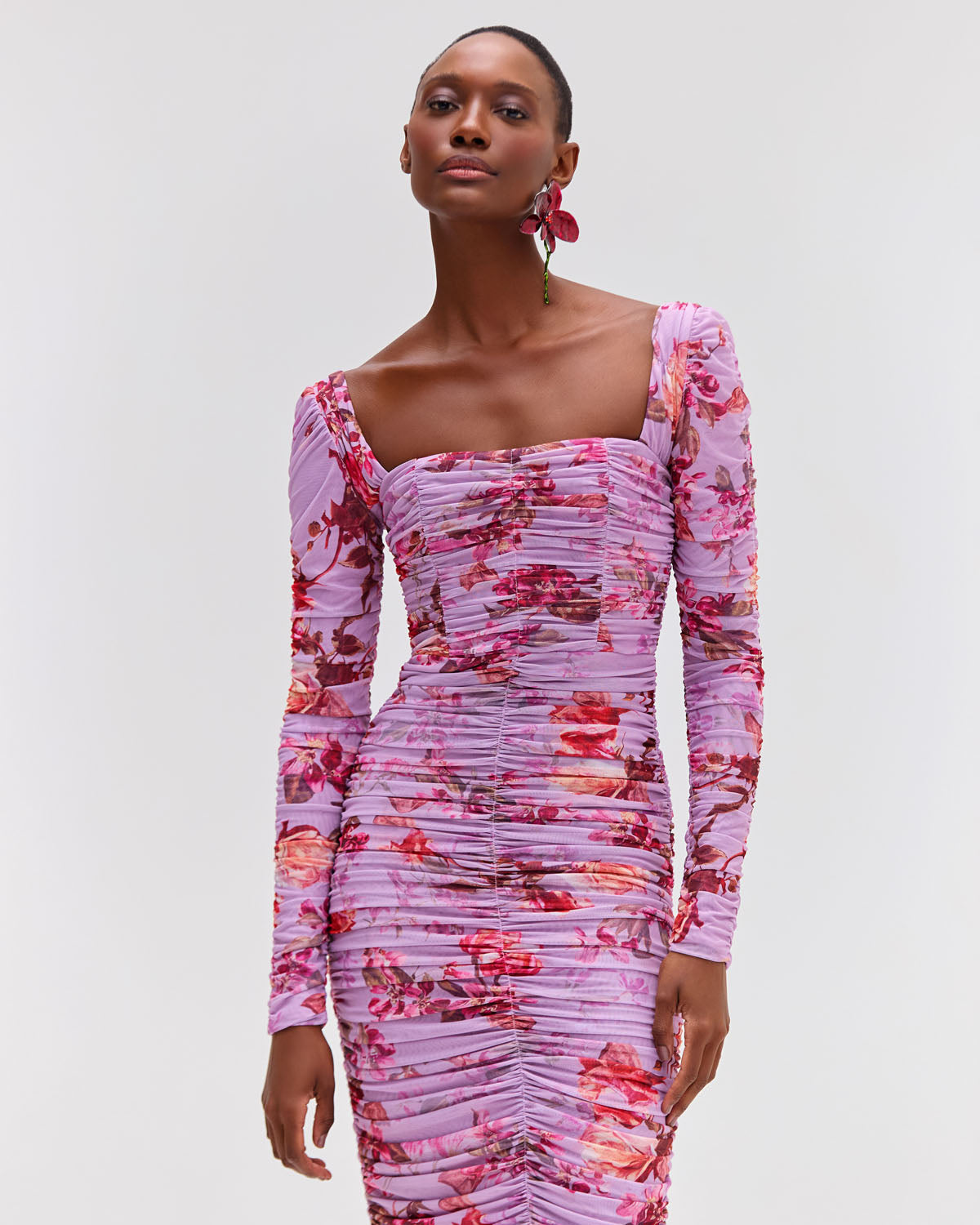 Floral Haze Stretch Tulle Midi Dress