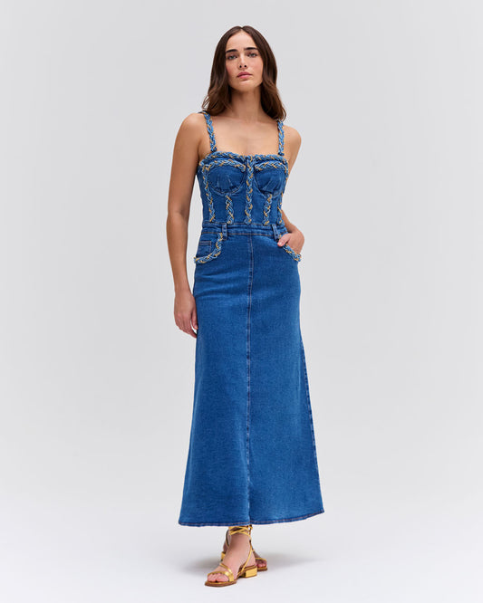 BRAIDED DENIM MIDI DRESS
