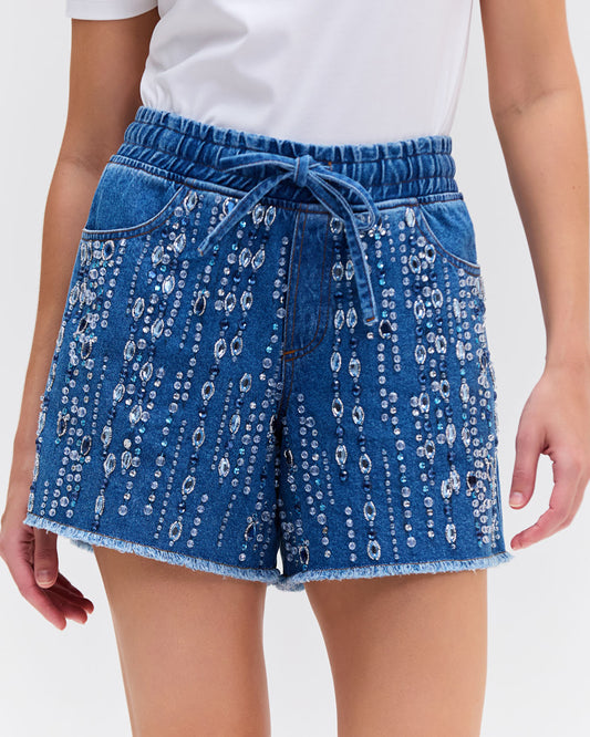 HAND BEADED DENIM SHORTS