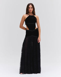 High Neck Velvet and Lace Gown