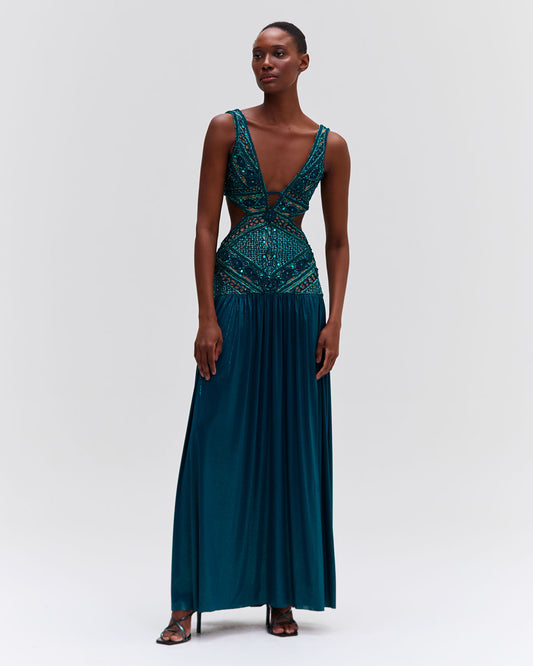 Hand Embroidered Cutout Jersey Gown