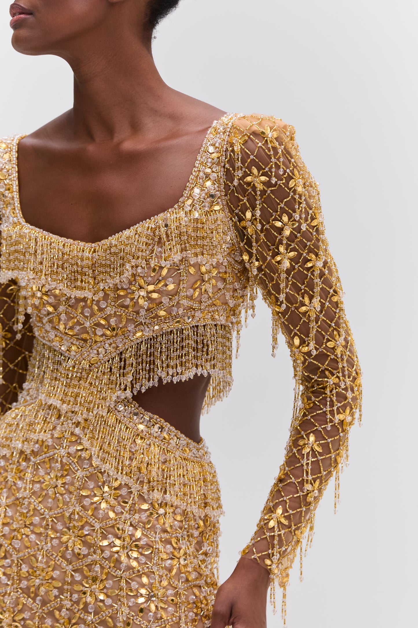 CRYSTAL EMBROIDERY LONG SLEEVE MINI DRESS