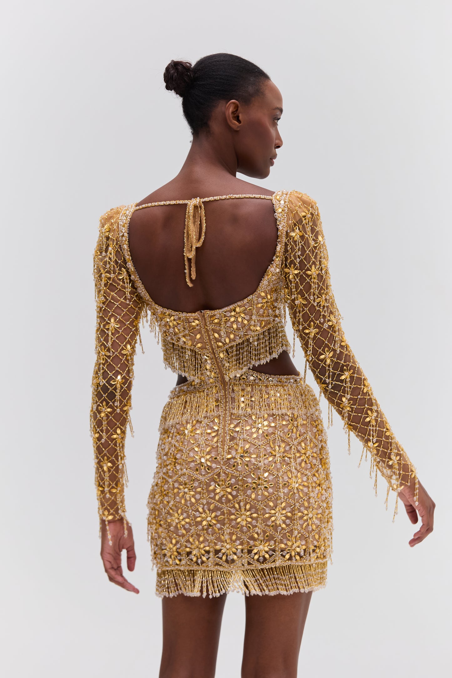 CRYSTAL EMBROIDERY LONG SLEEVE MINI DRESS