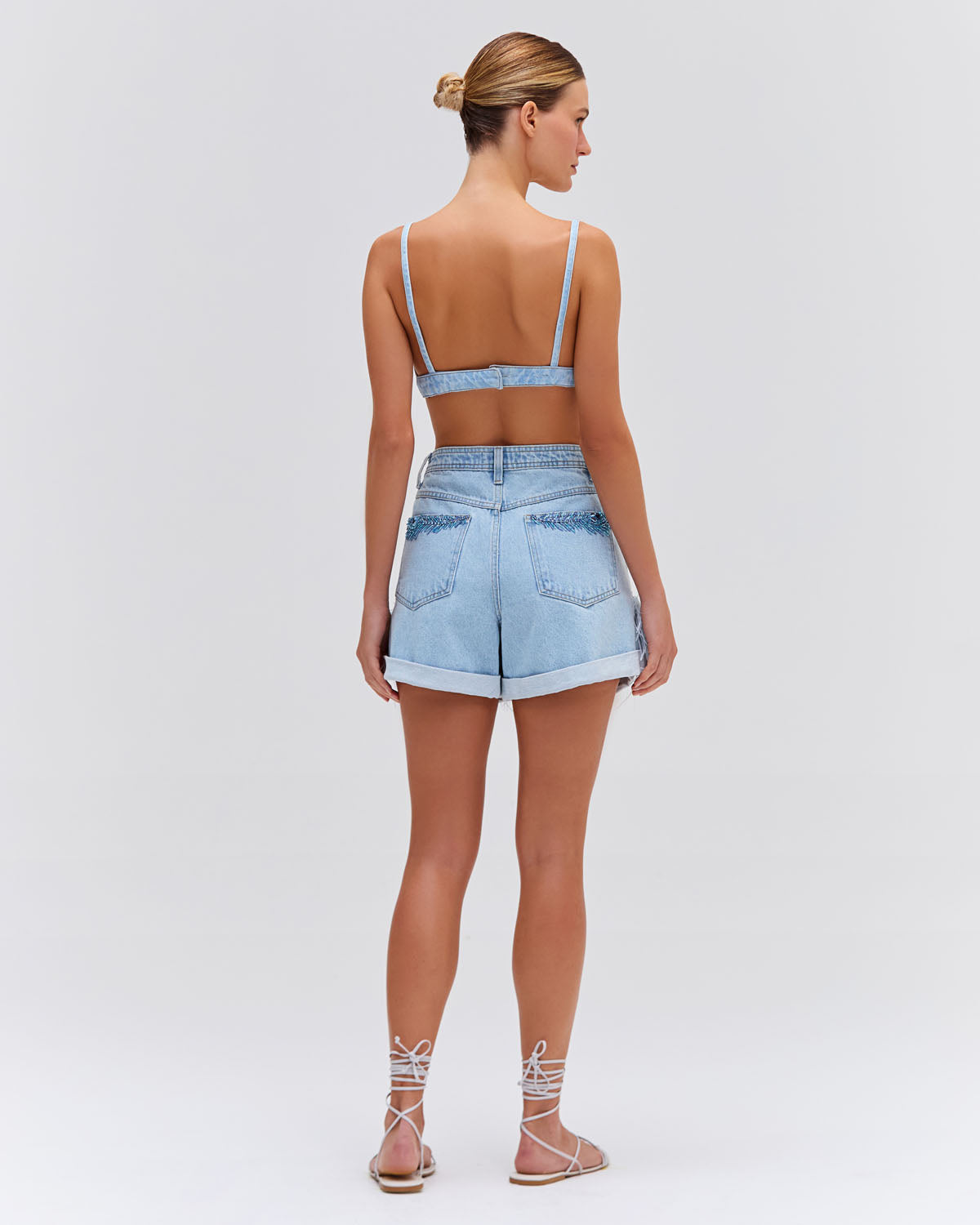 Beaded Feather Denim Shorts (EXCLUSIVE)