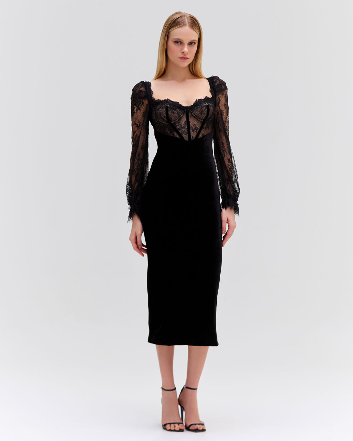 LACE AND VELVET MIDI DRESS