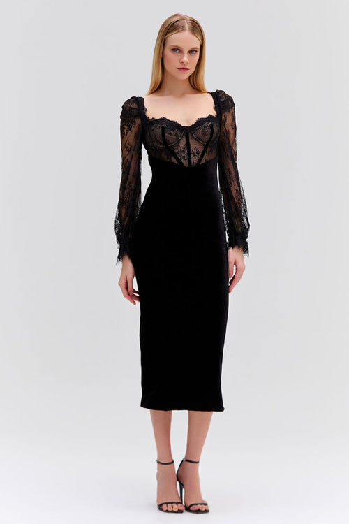 LACE AND VELVET MIDI DRESS