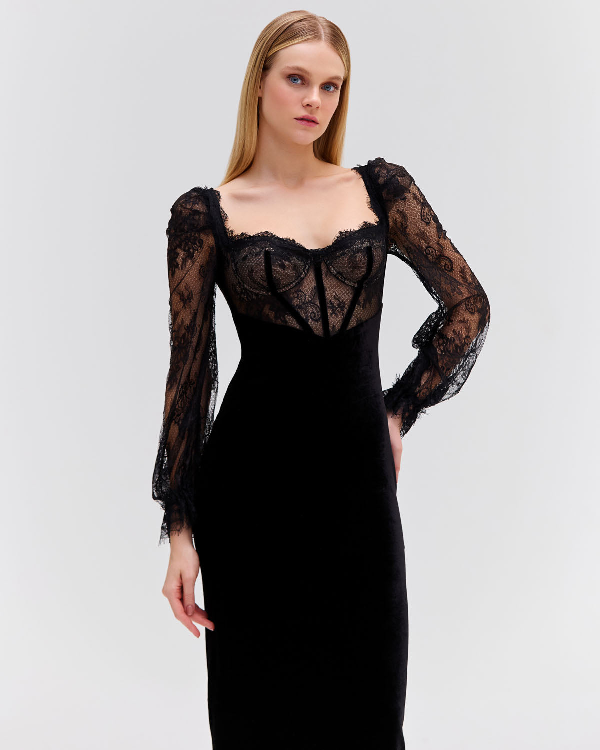 LACE AND VELVET MIDI DRESS