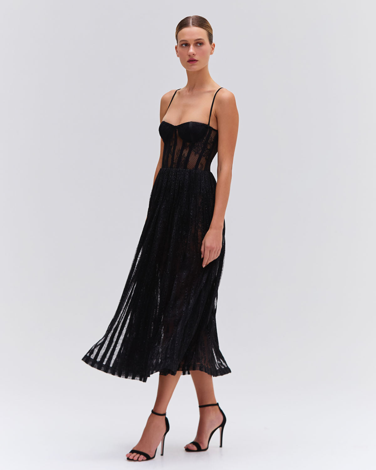 LUREX TULLE BUSTIER MIDI DRESS