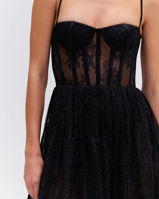 LUREX TULLE BUSTIER MIDI DRESS