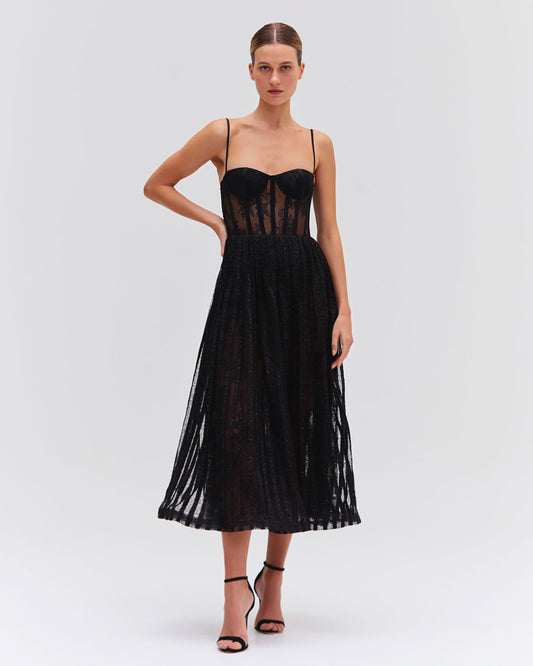 LUREX TULLE BUSTIER MIDI DRESS