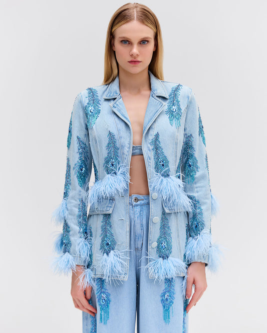Hand-Beaded Denim Blazer