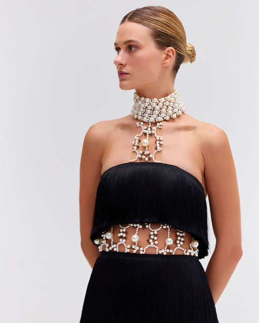 PEARL AND FRINGE HALTERNECK MINI DRESS (EXCLUSIVE)