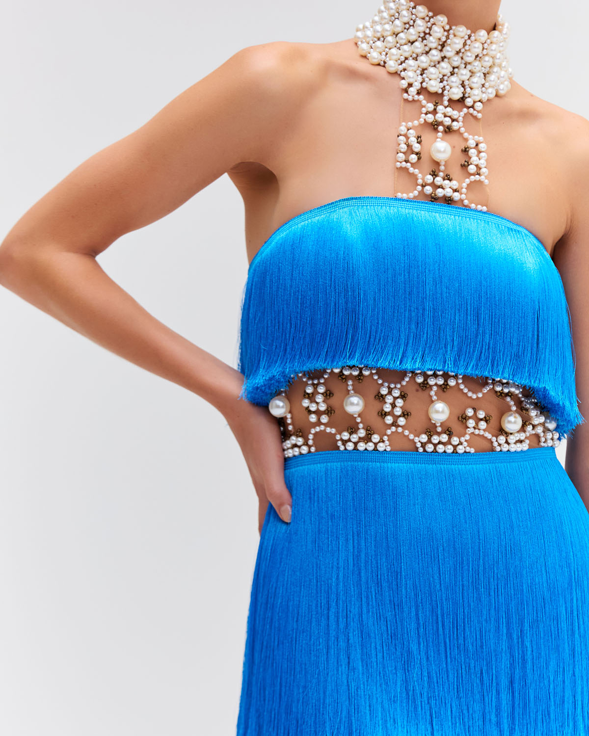 PEARL AND FRINGE HALTERNECK MINI DRESS