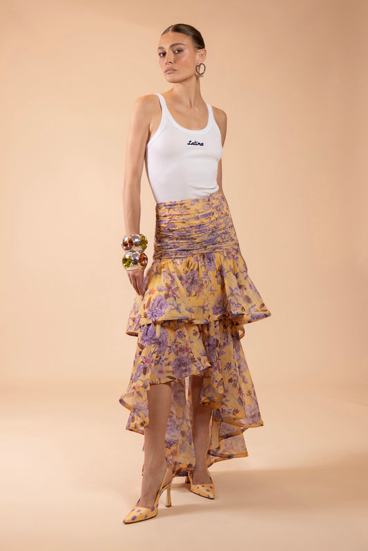 PEONY DOTS ASYMMETRICAL MIDI SKIRT (RUNWAY)
