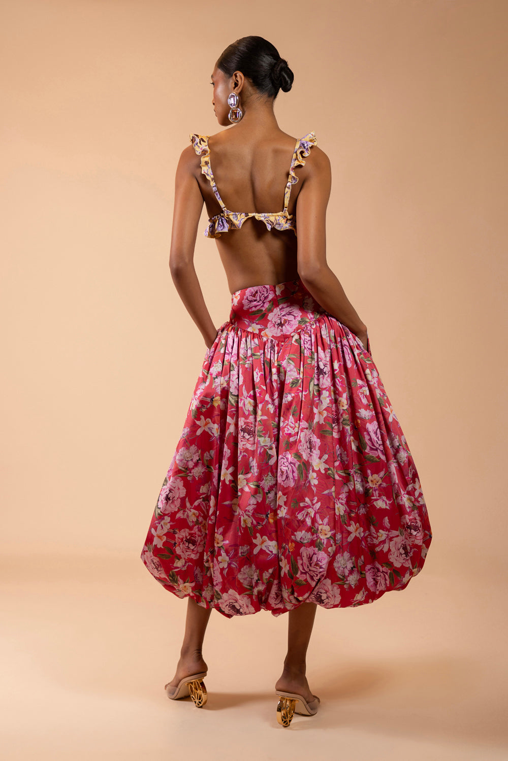 PEONY DOTS PRINT LYCRA RUFFLE BIKINI TOP (RUNWAY)