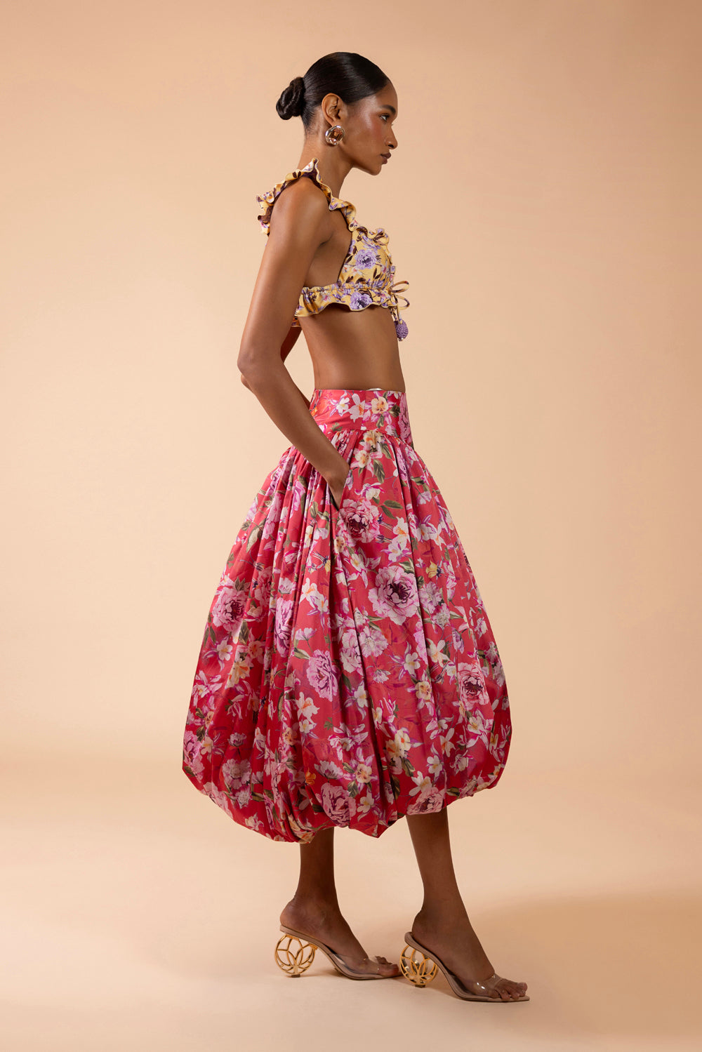 PEONY DOTS PRINT LYCRA RUFFLE BIKINI TOP (RUNWAY)