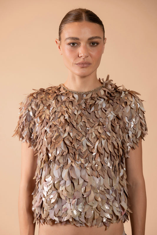 TULLE BRONZE EMBROIDERED TOP (RUNWAY)