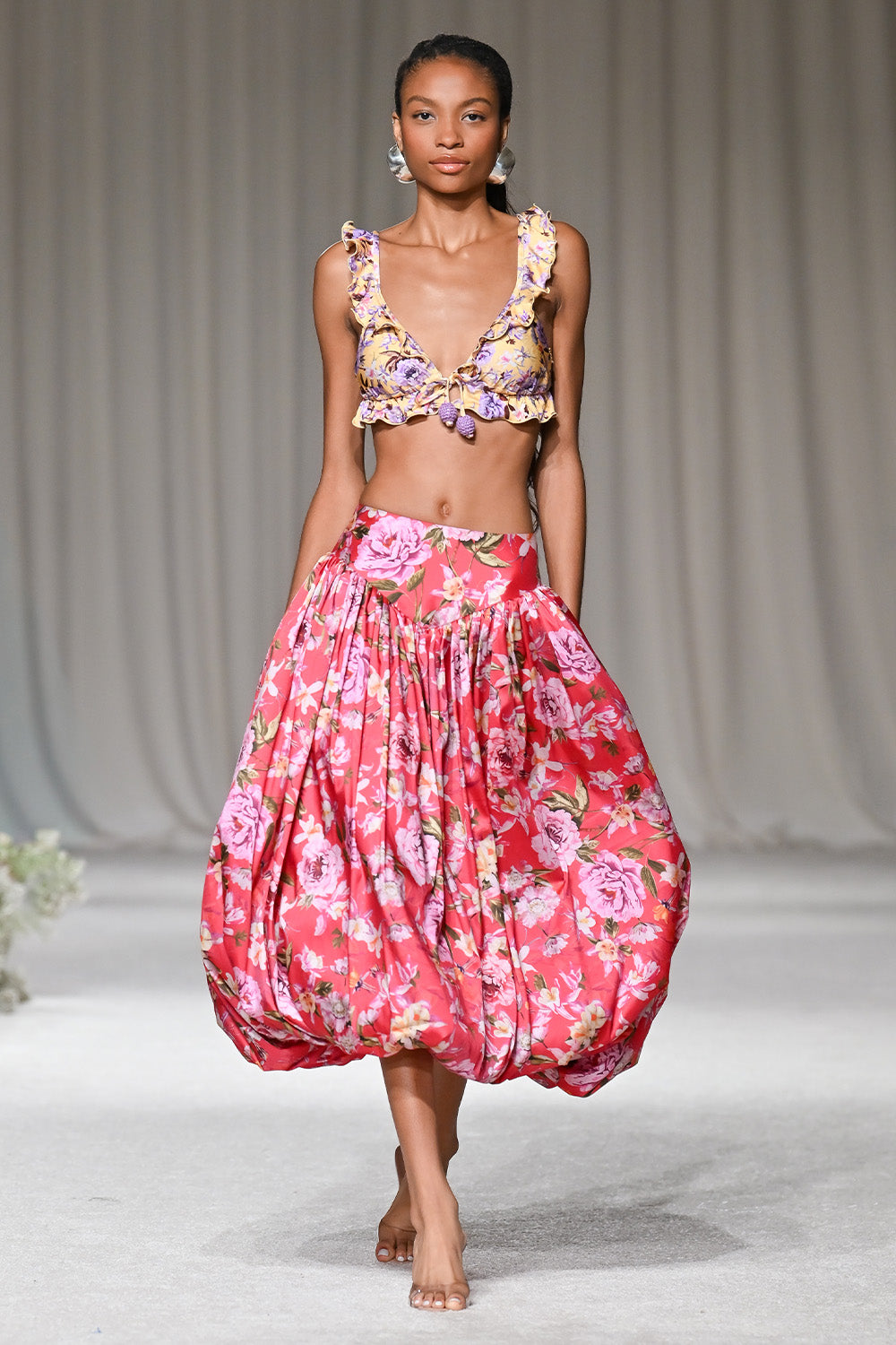 PEONY DOTS PRINT LYCRA RUFFLE BIKINI TOP (RUNWAY)
