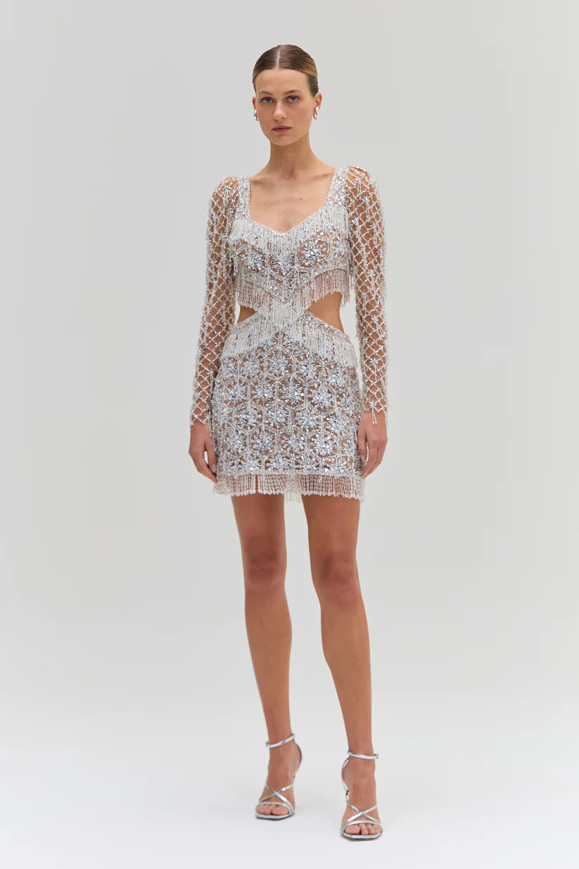 CRYSTAL EMBROIDERY LONG SLEEVE MINI DRESS 0 / OFF White