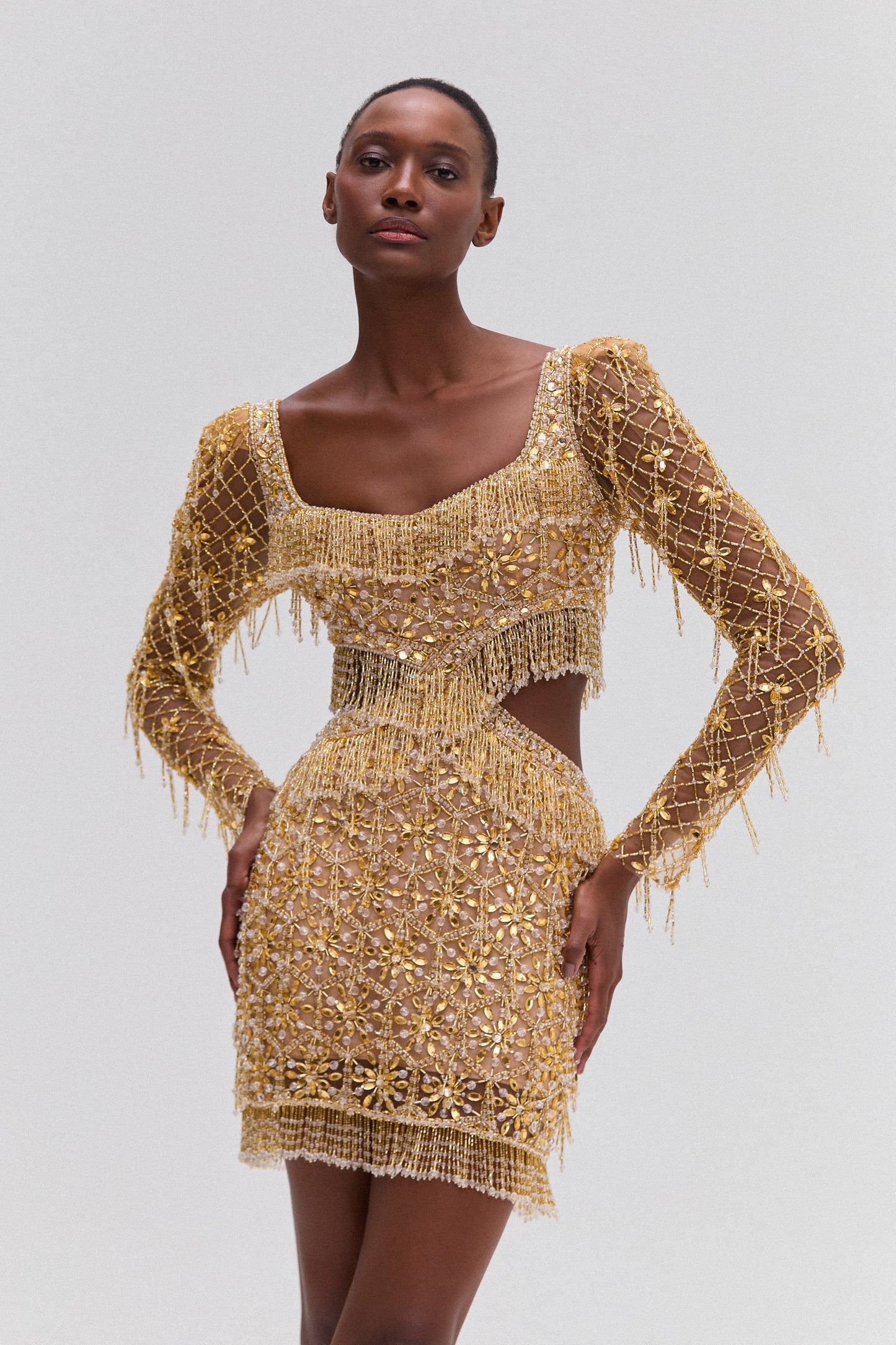 CRYSTAL EMBROIDERY LONG SLEEVE MINI DRESS