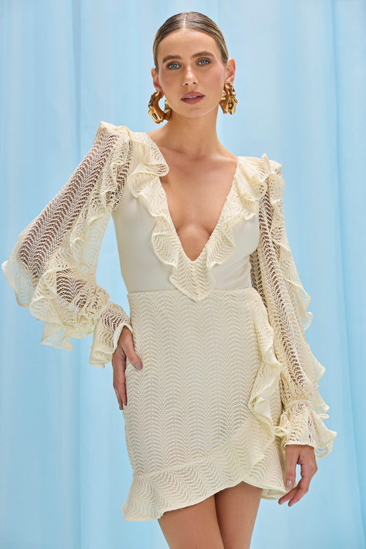 WAVE MESH LONG SLEEVE MINI DRESS