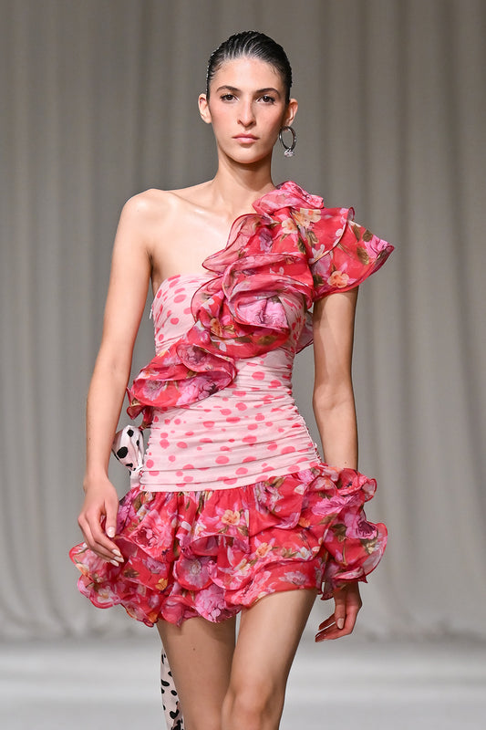 PEONY DOTS RUFFLE MINI DRESS (RUNWAY)