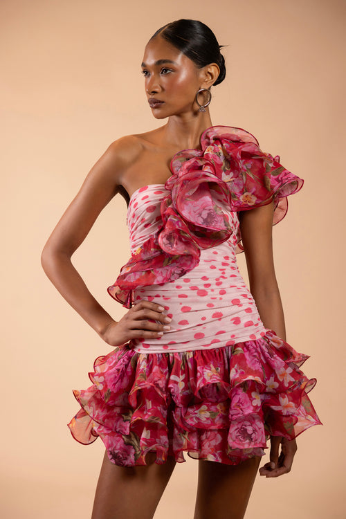 PEONY DOTS RUFFLE MINI DRESS (RUNWAY)