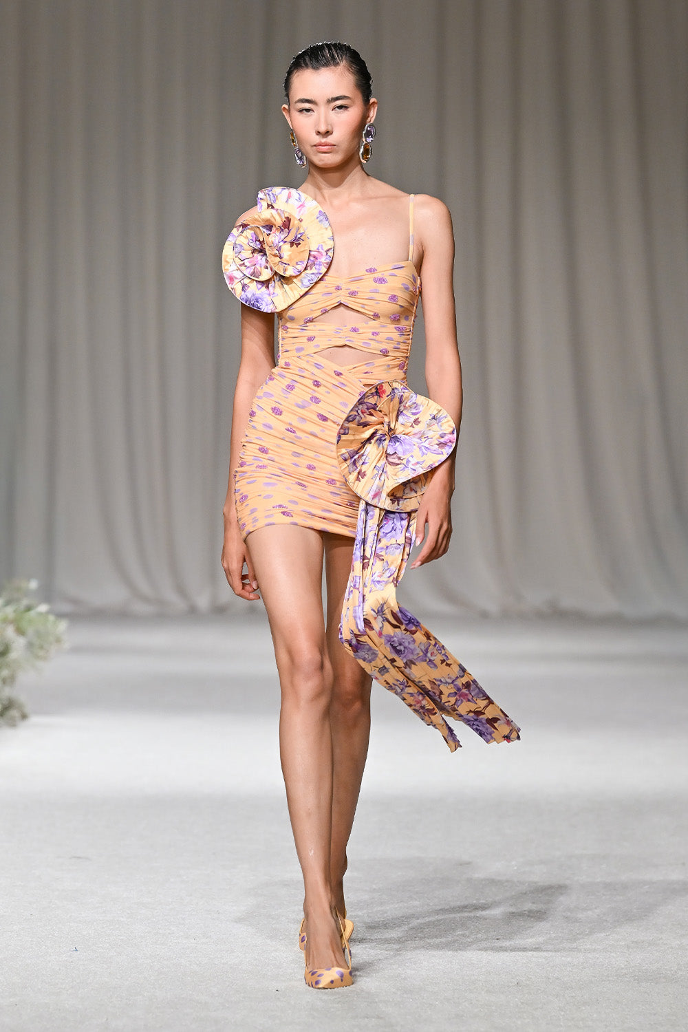 drape dress mini PEONY DOTS DRAPED (RUNWAY) 6 / Yellow Black Girls' One Shoulder Mid Season Sale Waist Size:61 - 71 cm This versatile piece transitions