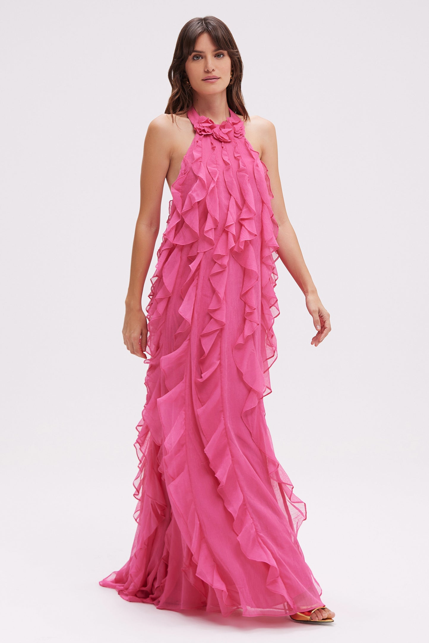 SILK PLISSE LONG DRESS HALTERNECK FLORAL COLLAR