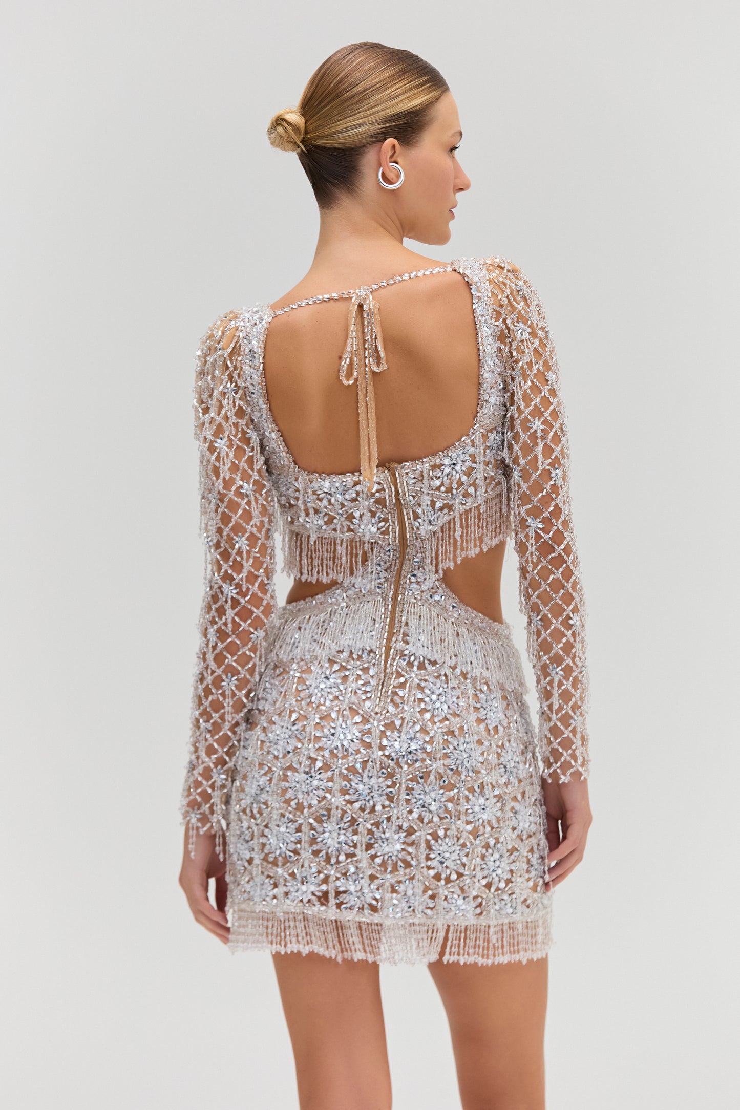 CRYSTAL EMBROIDERY LONG SLEEVE MINI DRESS