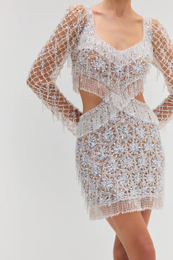 CRYSTAL EMBROIDERY LONG SLEEVE MINI DRESS