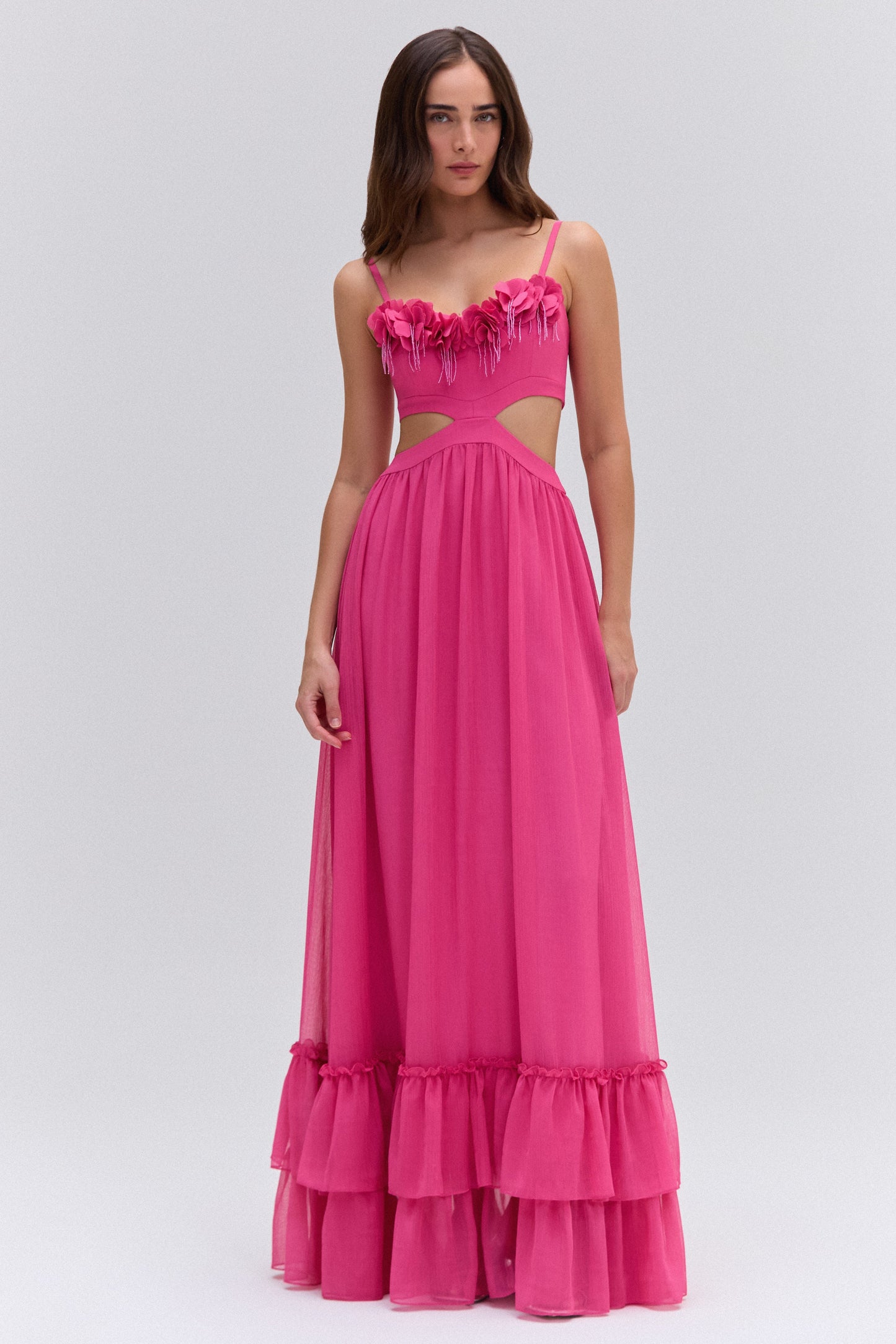 SILK PLISSE FLOWER APPLIQUE LONG DRESS