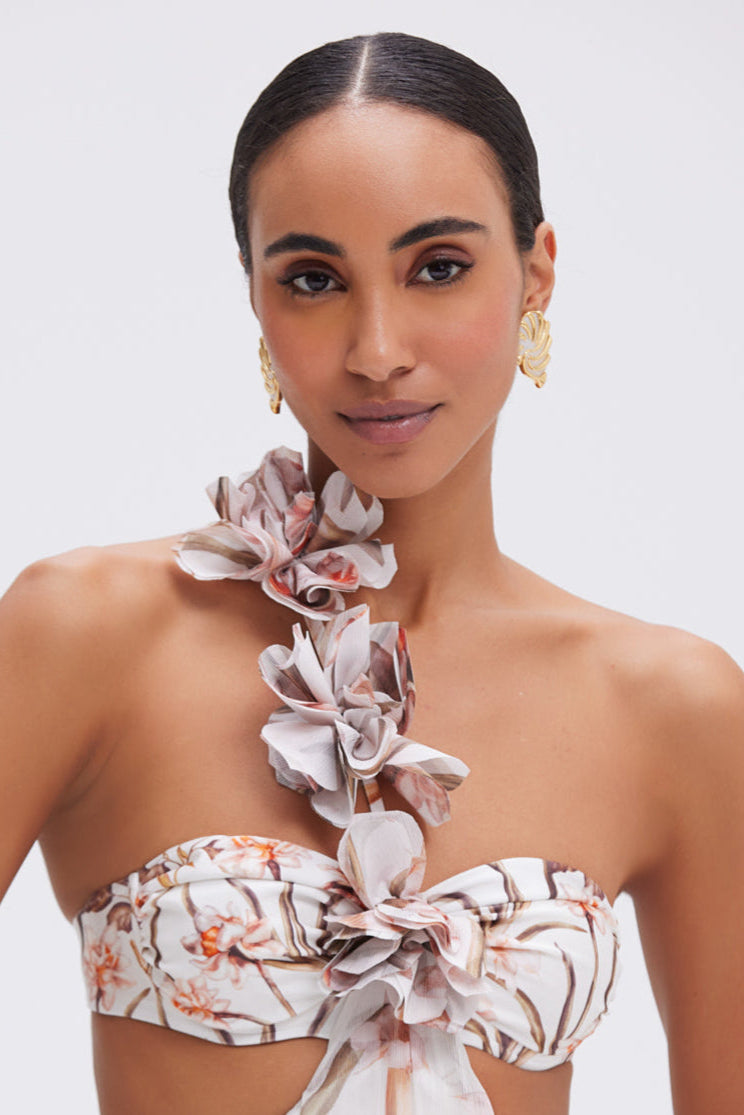 BOTANIC RETRO FLOWER APPLIQUE BEACH DRESS