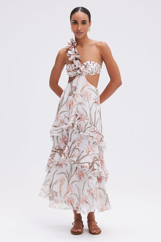 BOTANIC RETRO FLOWER APPLIQUE BEACH DRESS