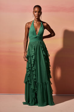 SILK PLISSE ESSENCE PLUNGE HALTERNECK GOWN