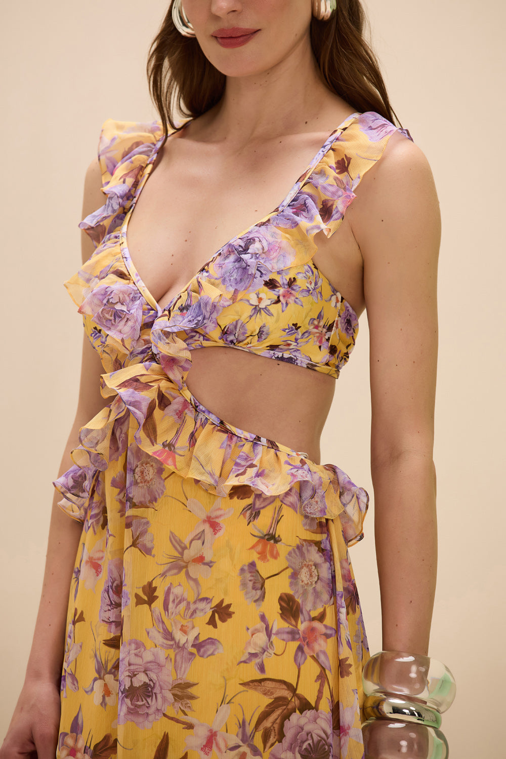 PEONY PRINT LYCRA CUT OUT MAXI DRESS