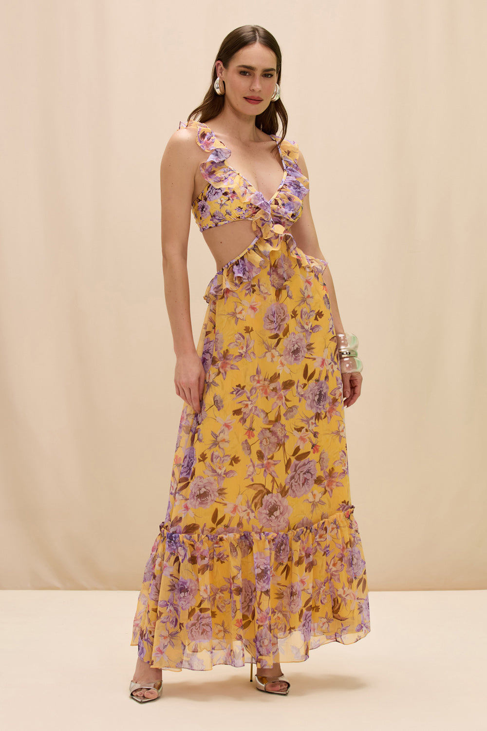 PEONY PRINT LYCRA CUT OUT MAXI DRESS XL / Yellow