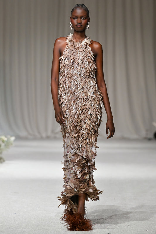 TULLE BRONZE PLUNGE BACK MAXI DRESS (RUNWAY)