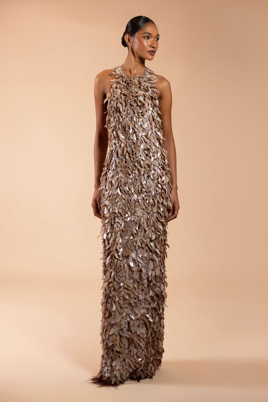TULLE BRONZE PLUNGE BACK MAXI DRESS (RUNWAY)